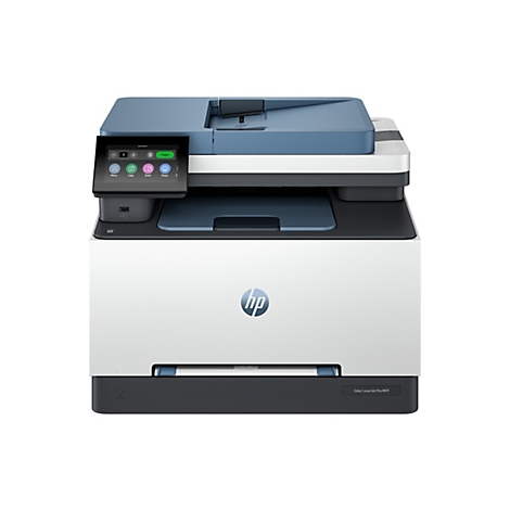 Ein weißer Drucker mit blauem Deckel und Bedienfeld. Auf dem Display sind Icons und Text zu sehen. Das HP Logo ist deutlich erkennbar.