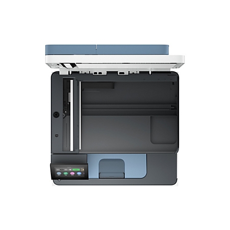 Draufsicht auf einen grauen Drucker mit blauem Deckel und Touchscreen. Der Deckel ist geöffnet.