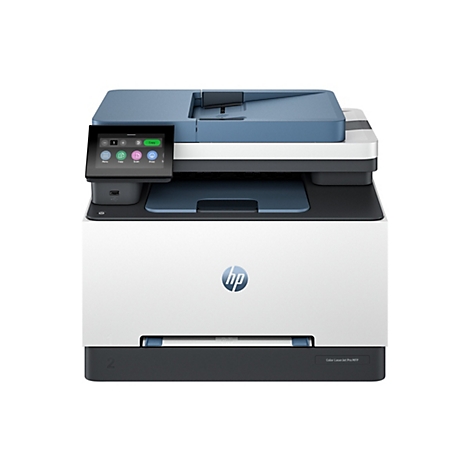 Ein weiß-blauer HP Color LaserJet Pro MFP Drucker mit Touchscreen und farbigen Icons. Auf dem Drucker steht das HP Logo.
