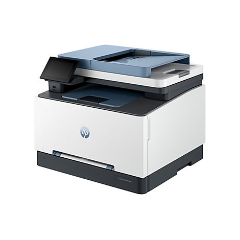 Ein Drucker der Marke HP, weiß mit blauen und schwarzen Akzenten, vor weißem Hintergrund.