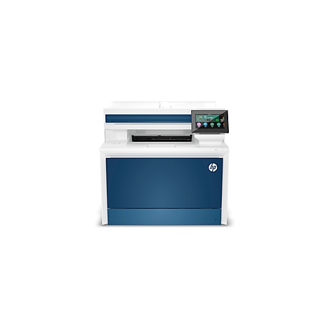 Ein weiß-blauer HP-Drucker mit Touchscreen, Tasten und HP-Logo.
