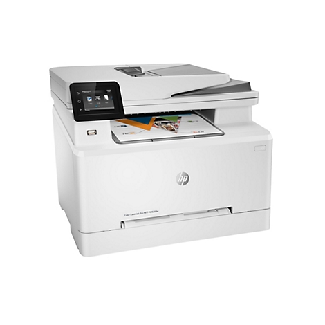 Weißer HP-Farblaserdrucker, der von vorne abgebildet ist, mit einem Touchscreen, der "Copy", "Scan" und "Fax" anzeigt, und einem Papierausgabeschacht.