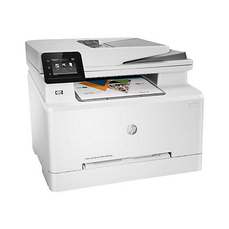Weißer Farblaserdrucker mit Farbdisplay. Auf dem Display sind Optionen für Kopieren, Scannen und Faxen sichtbar. Ein Blatt mit Diagramm wird bedruckt.