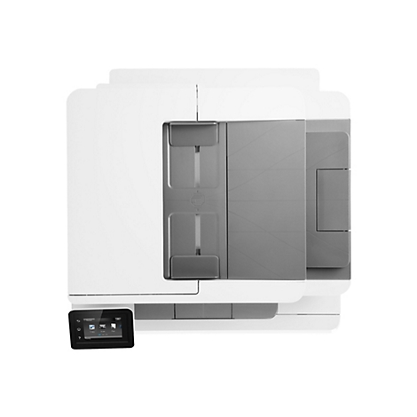 Draufsicht auf einen weißen Drucker mit grauen Elementen und einem Touchscreen-Display.