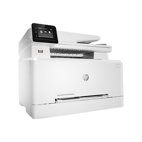 Weißer HP Color LaserJet Pro MFP M283fdw Drucker. Oben befindet sich ein Touchscreen-Bedienfeld.