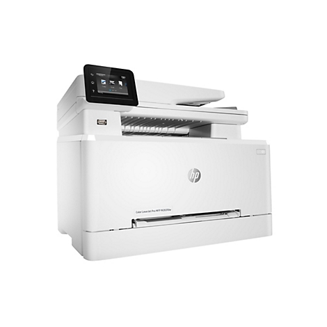 Ein weißer HP-Multifunktionsdrucker, leicht von der Seite fotografiert. Auf dem Bildschirm werden verschiedene Optionen angezeigt. Der Name des Druckers ist auf der Vorderseite sichtbar.