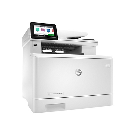 Ein weißer HP Color LaserJet Pro MFP M479dw Drucker mit Farb-Touchscreen-Bedienfeld.