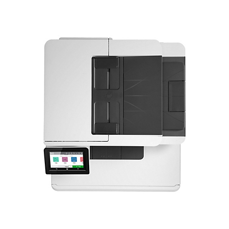 Ein weißer Multifunktionsdrucker mit einem schwarzen Touchscreen-Display, auf dem Optionen wie "Kopieren", "Scannen" und "Drucken" angezeigt werden.