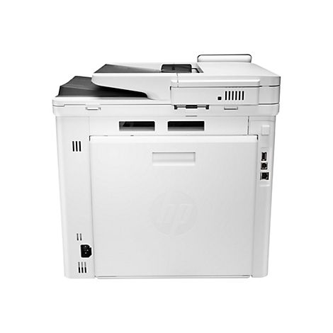 Weißer HP-Multifunktionsdrucker, Ansicht von hinten.