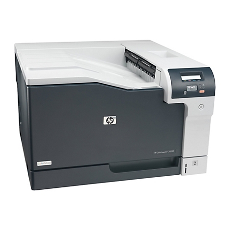 Ein HP Color LaserJet CP5225 Drucker, grau und weiß, vor weißem Hintergrund. Bedienfeld, Fach mit Ziffer 2.