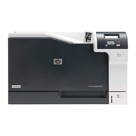 Ein HP Color LaserJet CP5225 Drucker, dunkelgrau und weiß, mit Bedienfeld und HP Logo.