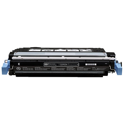 Schwarze Tonerkartusche, HP Q5950A. Auf der Kartusche steht 'K' und weitere Details.