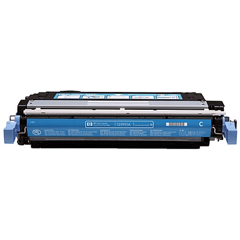 Blau-schwarze Druckerpatrone mit Aufschrift Q5951A. Blaue Seitenteile und ein graues Oberteil.