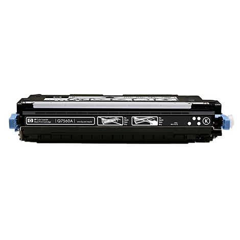 Eine schwarze HP Tonerkartusche mit blau und grau Details. Aufschrift: Q7560A.