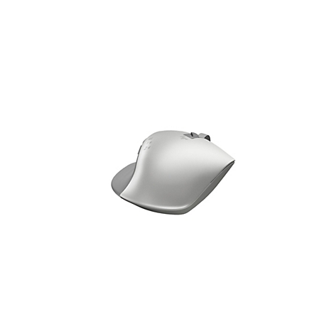 Hellgraue kabellose Maus mit seitlichen Tasten und Scrollrad auf weißem Hintergrund.