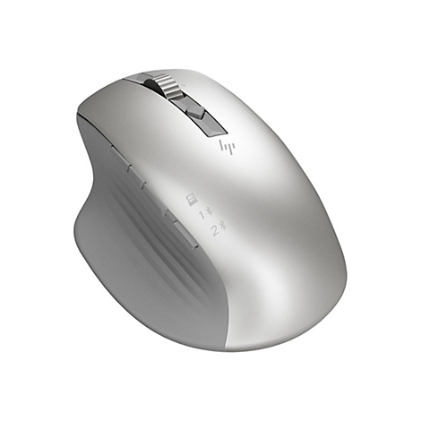 Graue Funkmaus, HP-Logo, Scrollrad, Tasten 1 und 2, mit Bluetooth-Symbol. Auf weißem Hintergrund.