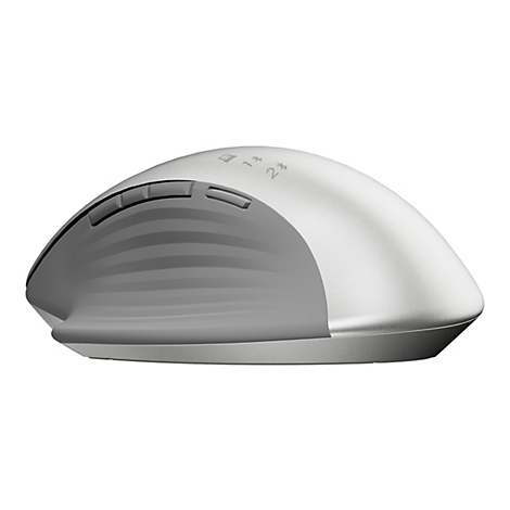 Eine weiße, ergonomische Maus mit grauen Akzenten. Auf der Oberseite sind Tasten und Symbole für Einstellungen sichtbar.