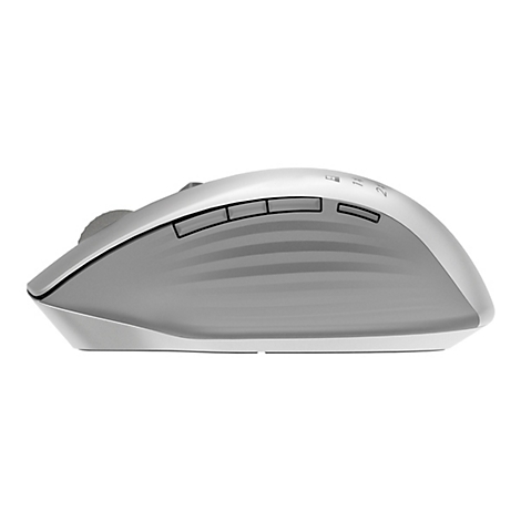 Graue, ergonomische Computermaus von der Seite mit Knöpfen und Scrollrad. Der Hintergrund ist weiß.
