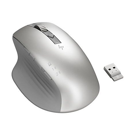 Graue ergonomische Maus mit USB-Empfänger auf weißem Hintergrund.