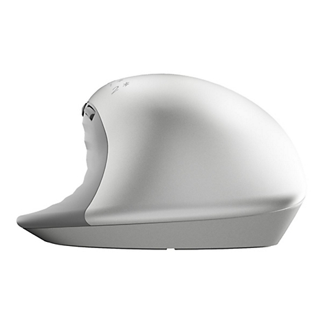 Eine weiße, ovale ergonomische Maus, die von der Seite gezeigt wird. Sie hat kleine schwarze Tasten.