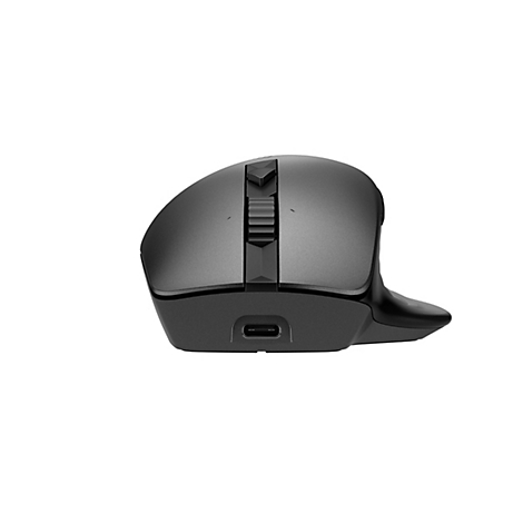 Draufsicht auf eine ergonomische, graue Computermaus. Mit Scrollrad, Seitentasten und USB-C-Anschluss.