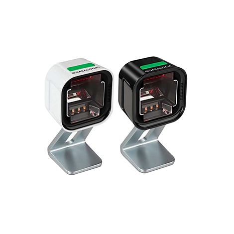 Zwei Barcodescanner, einer weiß, einer schwarz, auf silbernen Sockeln. Beide Scanner haben das Logo "DATALOGIC" auf der Oberseite.