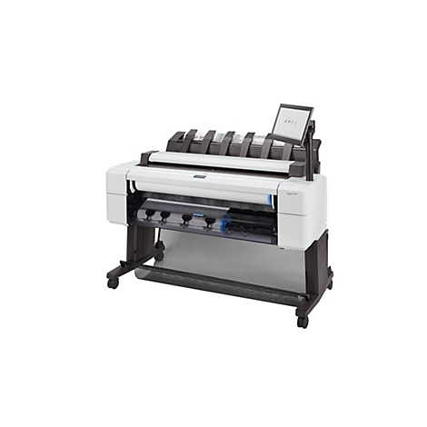 Une imprimante grand format sur fond blanc. Bac à papier en haut, écran avec icônes, boîtier blanc, porte-rouleau.