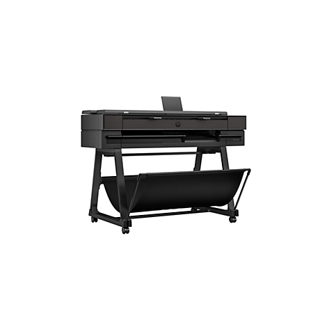 Une imprimante grand format noire se dresse sur un fond blanc. L'imprimante porte le logo HP et un bac à papier.