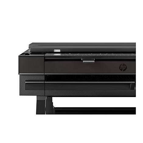 Gros plan d'une imprimante grand format HP noire. Le logo HP est clairement visible.