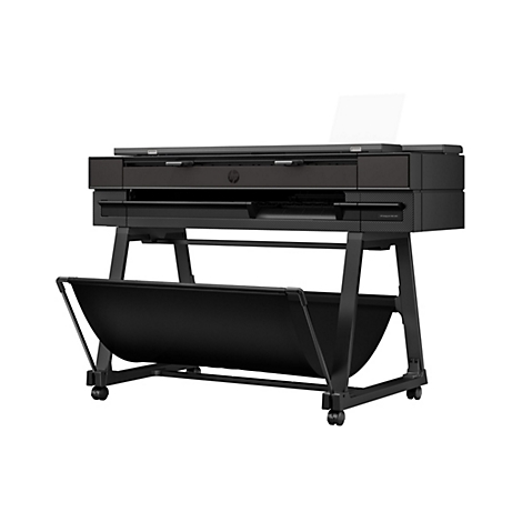 Imprimante HP DesignJet T850 MFP noire; sortie papier, support rouleau, châssis.