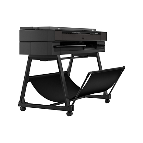 Imprimante HP noire sur support à roulettes. En dessous, un bac à papier.