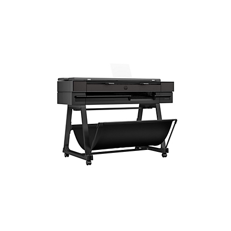 Imprimante grand format noire avec support, sur fond blanc.