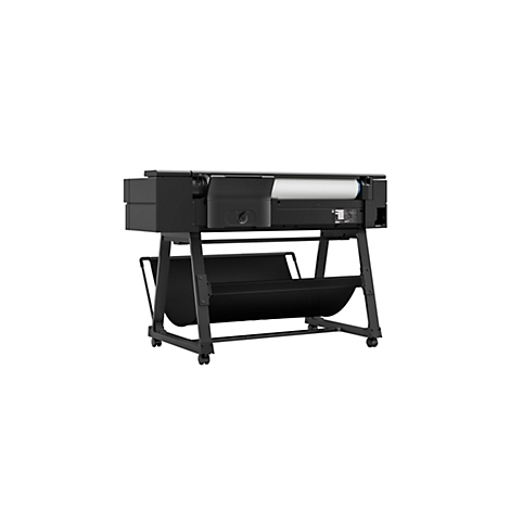 Imprimante grand format noire sur roulettes, rouleau de papier inséré, sur fond blanc.