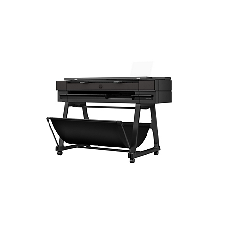 Imprimante grand format noire avec sortie papier, montée sur un chariot roulant, sur fond blanc.