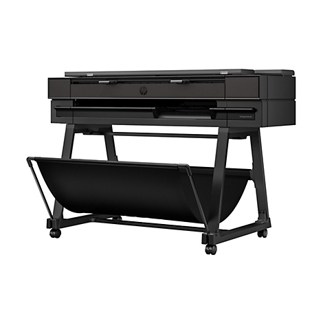 Imprimante grand format HP DesignJet T650 MFP noire sur un support roulant.