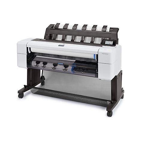 Une imprimante HP Designjet T1600dr blanche. Debout, avec des rouleaux de papier et un écran tactile.