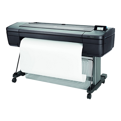 Un grand appareil noir HP DesignJet Z6dr. Un bac de sortie papier, un écran tactile et un rouleau de papier sont visibles.