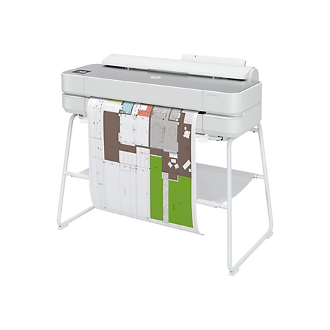 Ein weißer HP DesignJet Studio Drucker, der einen Bauplan ausdruckt, steht auf einem weißen Gestell.