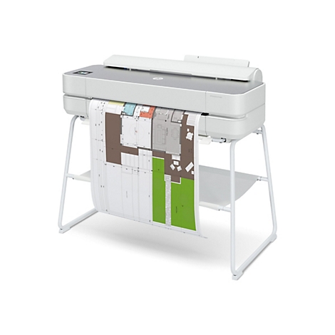 Ein weißer HP DesignJet Studio Drucker, der eine technische Zeichnung ausdruckt. Das Papier ist auf einem weißen Gestell platziert.