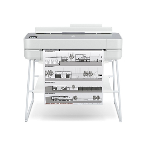 Weißer HP DesignJet Studio Drucker, der Architekturzeichnungen ausdruckt. Auf dem Papier sind Querschnitte eines Gebäudes zu sehen.