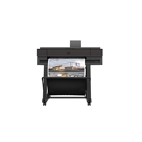 Imprimante grand format noire HP DesignJet T830 avec un plan d'architecte imprimé. En dessous, un bac de récupération.