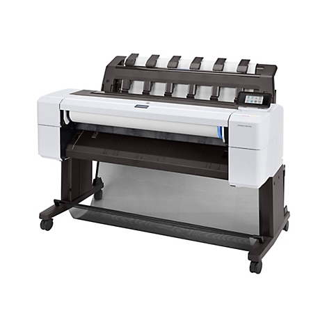 Großformatdrucker HP DesignJet T1600 in Weiß und Schwarz auf einem Rollständer vor weißem Hintergrund.
