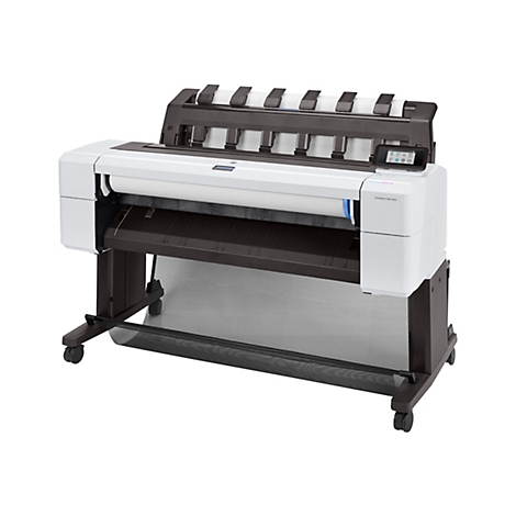 Ein weiß-brauner Großformatdrucker mit Display, Rollen und Papierausgabe. Auf dem Drucker steht „HP DesignJet T1600“.
