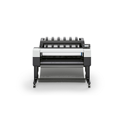 Großformatdrucker HP DesignJet T800, weiß-schwarzes Gehäuse auf Standbeinen mit Papierrolle, Frontansicht.