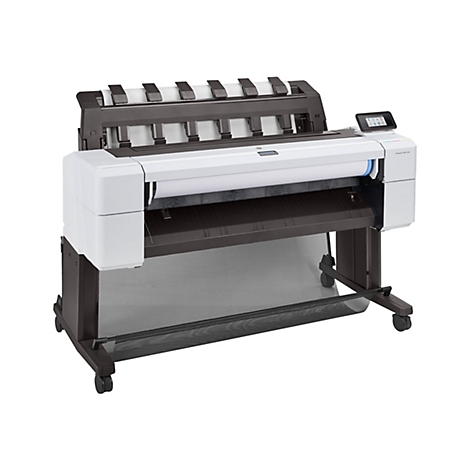 Großer HP DesignJet T1600 Großformatdrucker mit Papierrolle, weißem Gehäuse und schwarzem Untergestell auf Rollen.