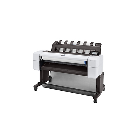 Großformatdrucker, weißes Gehäuse, schwarze Elemente, Papierrolle. Bedienfeld und Rollen.
