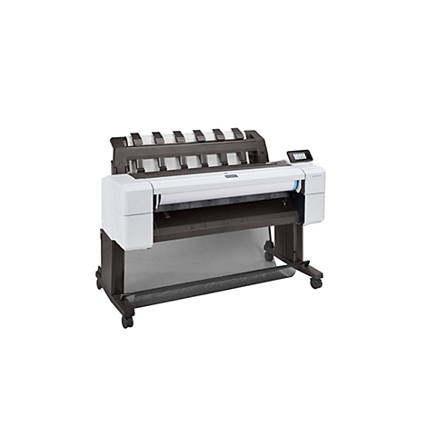 Großer weiß-schwarzer Großformatdrucker, mit einer Rolle Papier. Auf Rollen stehend, mit einem kleinen Touchscreen-Display.