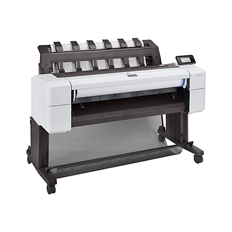 Ein weiß-schwarzer Großformatdrucker auf Rollen. Oben sind Papiere und ein Touchscreen. Darunter ein Auffangkorb.