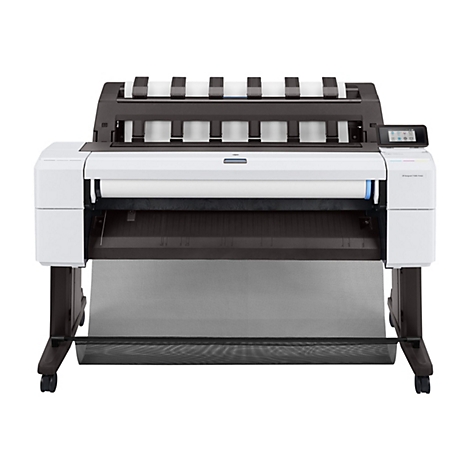 Ein weiß-schwarzer Großformatdrucker steht vor weißem Hintergrund. Auf dem Drucker ist ein Touchscreen-Display zu sehen.