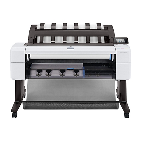 Großformatdrucker HP DesignJet T1600dr mit weißem Gehäuse, Touchscreen und Papierrollenhalter auf Rollgestell.
